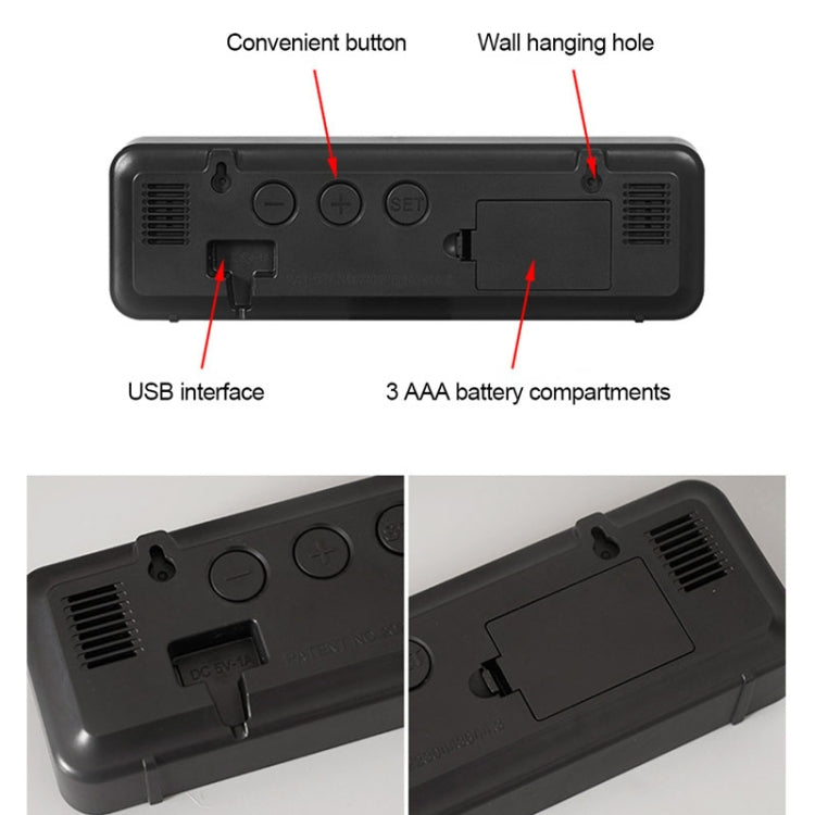 671  Mirror Screen Digital LED Alarm Clock USB Plug-in/Battery Dual-use With Temperature/Humidity Display(Black Shell White Red) - Alarm Clocks by PMc TechLife | Online Shopping South Africa | PMc TechLife | Buy Now Pay Later Mobicred