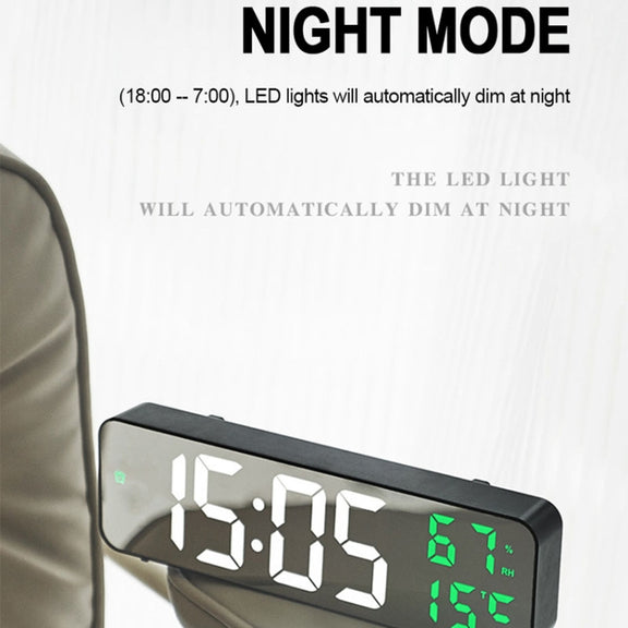 671  Mirror Screen Digital LED Alarm Clock USB Plug-in/Battery Dual-use With Temperature/Humidity Display(Black Shell White Blue)