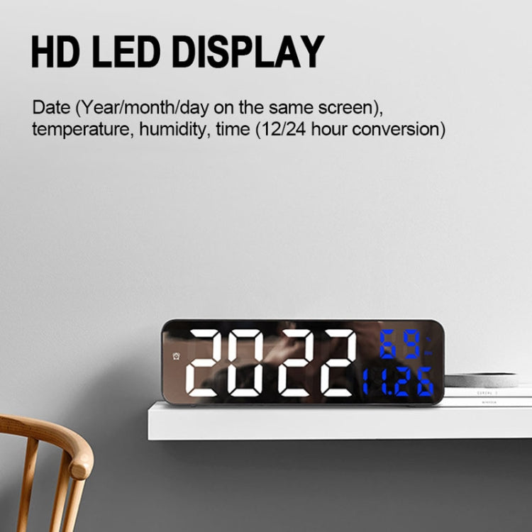 671  Mirror Screen Digital LED Alarm Clock USB Plug-in/Battery Dual-use With Temperature/Humidity Display(Black Shell White Red)