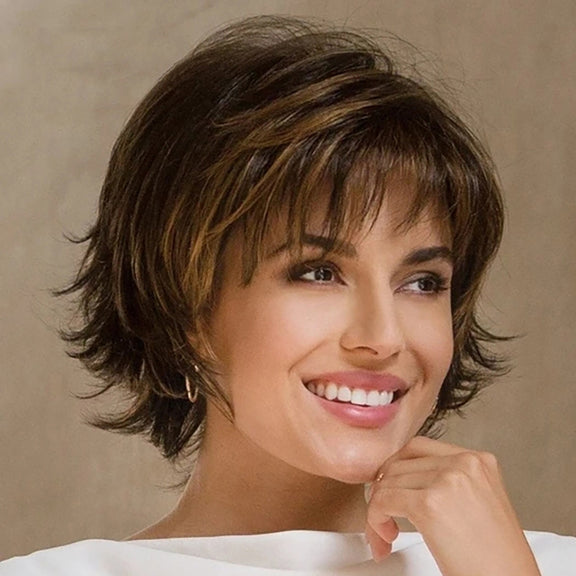 WIG-396 Ladies Fluffy Short Curved Head Set Chemical Fiber Wig(Black Brown+Gold Yellow)