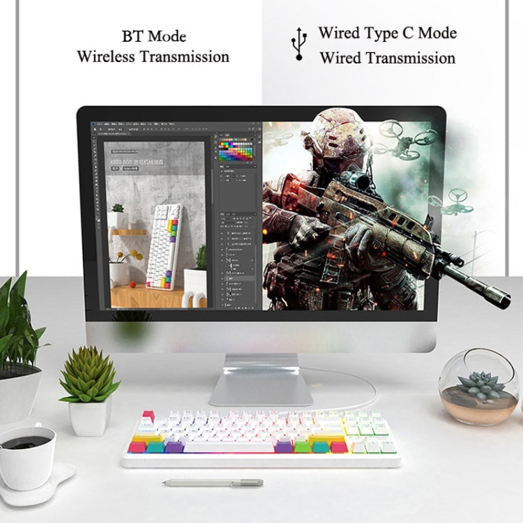 Ajazz K870T 87-Key Hot Swap Bluetooth/Wired Dual Mode RGB Backlight Office Game Mechanical Keyboard Green Shaft (White)
