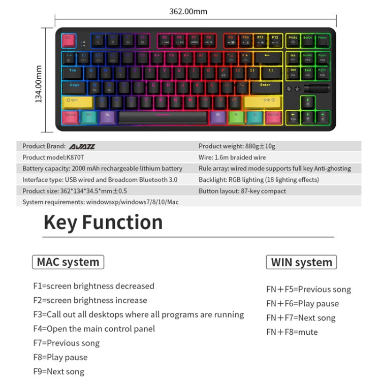 Ajazz K870T 87-Key Hot Swap Bluetooth/Wired Dual Mode RGB Backlight Office Game Mechanical Keyboard Green Shaft (White)