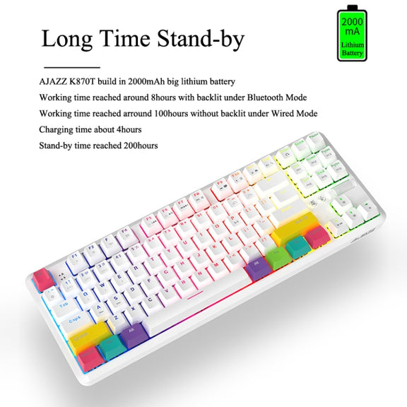 Ajazz K870T 87-Key Hot Swap Bluetooth/Wired Dual Mode RGB Backlight Office Game Mechanical Keyboard Green Shaft (White)
