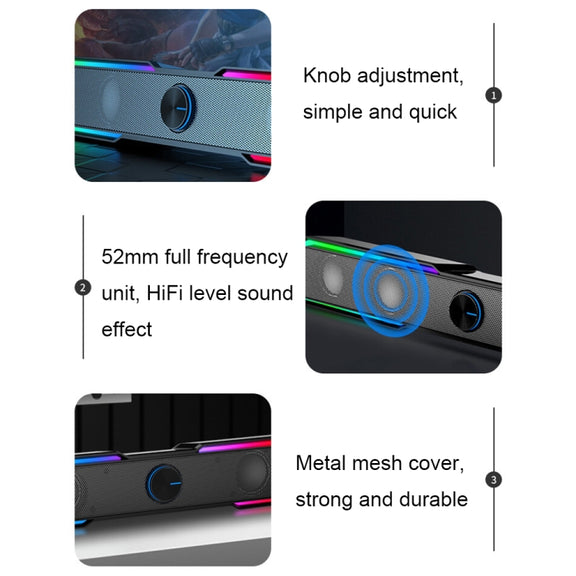 Wired+Bluetooth Version DHE6002S RGB Lights HiFi Sound Effect Computer Audio Desktop Long Strip Speakers