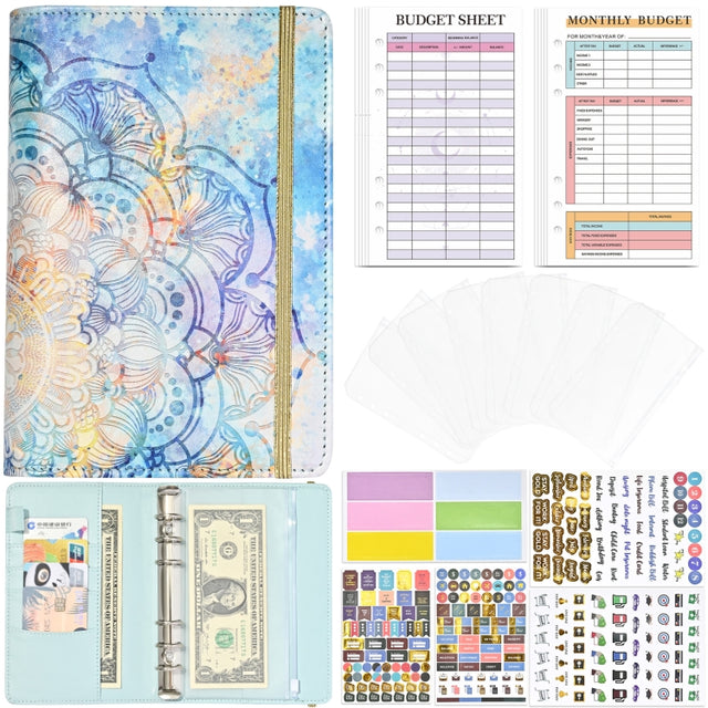 A6 Mandala Binder Financial Plan Notebook PU Leather Cash Budget Book(Fresh Blue)