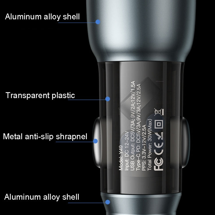Yesido Y49 Car USB3.0 Fast Charger 30W Translucent PD Fast Charging(Black) - free shipping - PMC TechLife - Order now!