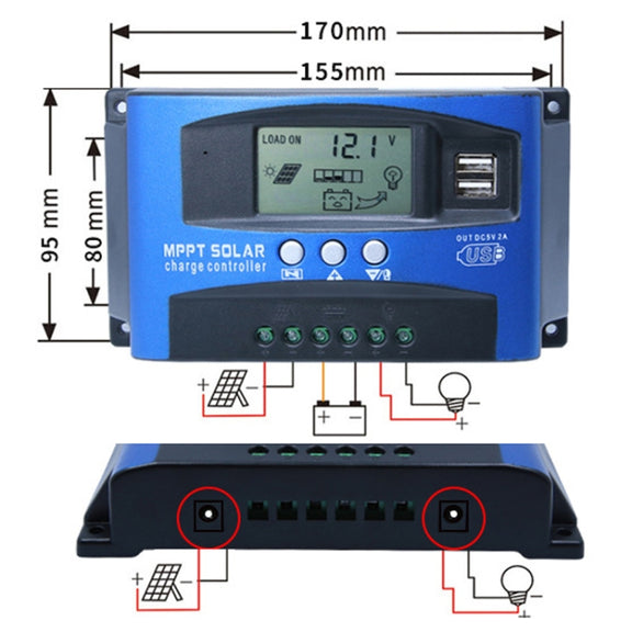 YCX-003 30-100A Solar Charging Controller with LED Screen & Dual USB Port Smart MPPT Charger, Model: 12/24V 60A