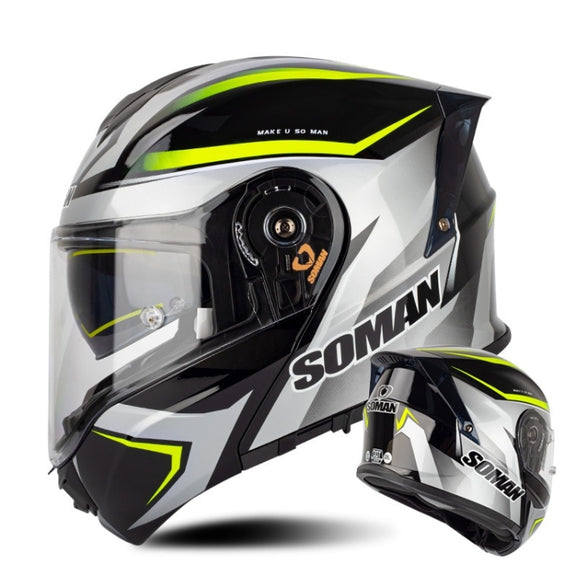 SOMAN Racing Motorcycle Double Lens Riding Safety Helmet, Size: L(Silver Gray Yellow Vision)