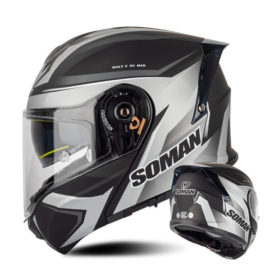 SOMAN Racing Motorcycle Double Lens Riding Safety Helmet, Size: XXL(Silver Gray Black Vision) - free shipping - PMC Jewellery - Order now!