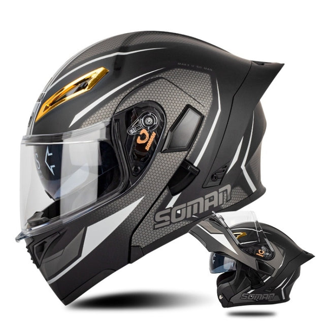 SOMAN Motorcycle Dual Lens Riding Peel-Off Full Coverage Helmet, Size: M(Black Gray Track)