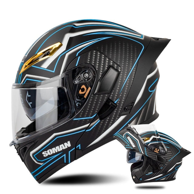 SOMAN Motorcycle Dual Lens Riding Peel-Off Full Coverage Helmet, Size: L(Matt Black Blue)