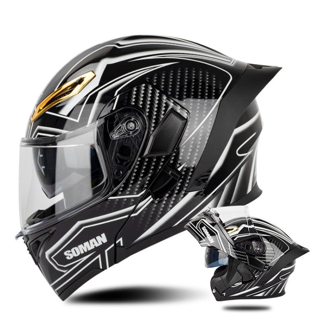 SOMAN Motorcycle Dual Lens Riding Peel-Off Full Coverage Helmet, Size: L(Bright Black White)