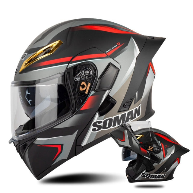 SOMAN Motorcycle Dual Lens Riding Peel-Off Full Coverage Helmet, Size: L(Red Gray Vision)