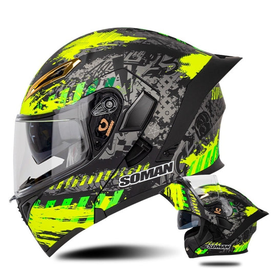 SOMAN Motorcycle Dual Lens Riding Peel-Off Full Coverage Helmet, Size: L(Black Fluorescent Yellow Spark) - free shipping - PMC Jewellery - Order now!