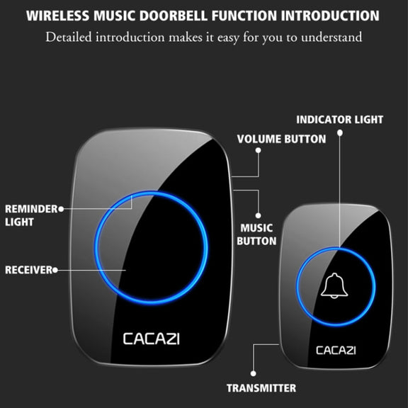 CACAZI A10DC 1 To 2 Battery Type Home Smart Water-resistant Electronic Wireless Doorbell(Black)