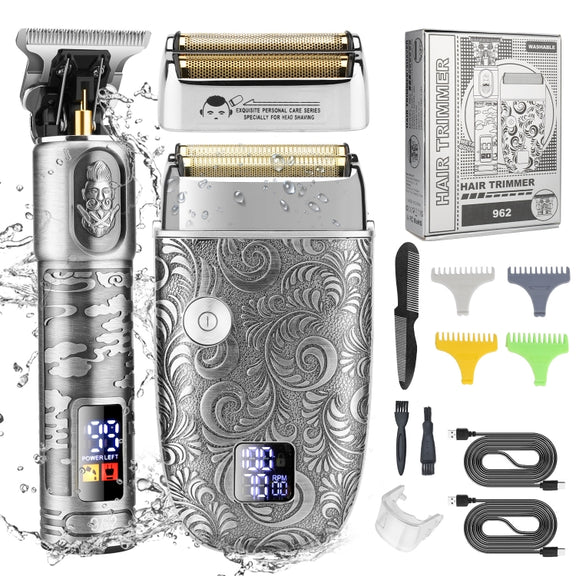 Men Bald Haircut 2 In 1 Electric Hair Clipper Water-resistant Set(Gray)