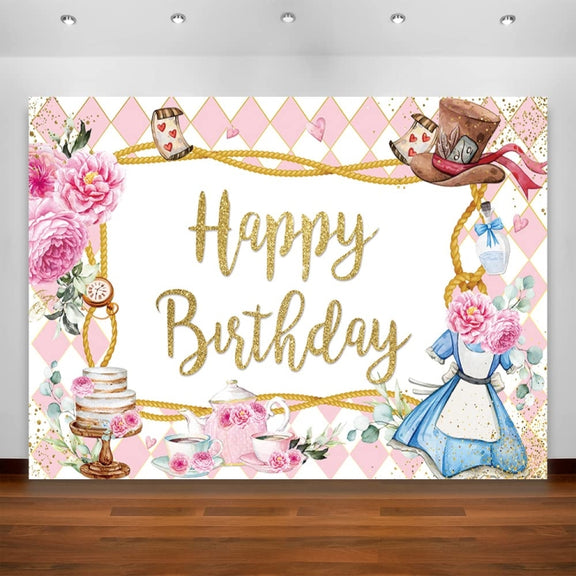 210 x 150cm Pink Flowers Cake Cartoon Birthday Background Cloth Birthday Decoration Banner Hanging Flags