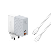LDNIO A2620C 65W USB+Type-C/USB-C Port Dual Port Universal Phone Tablet Travel Charger(UK Plug+Type-C to 8 Pin)