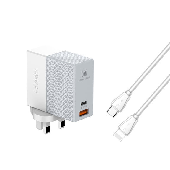 LDNIO A2620C 65W USB+Type-C/USB-C Port Dual Port Universal Phone Tablet Travel Charger(UK Plug+Type-C to 8 Pin)