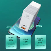 LDNIO A2620C 65W USB+Type-C/USB-C Port Dual Port Universal Phone Tablet Travel Charger(UK Plug+Type-C to 8 Pin)