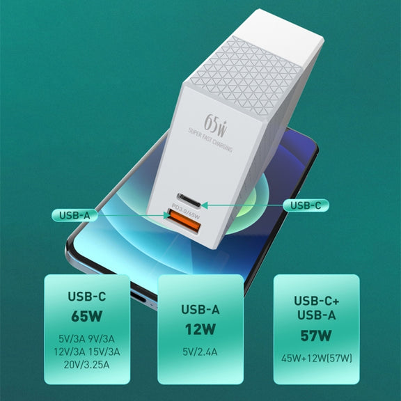 LDNIO A2620C 65W USB+Type-C/USB-C Port Dual Port Universal Phone Tablet Travel Charger(UK Plug+Type-C to 8 Pin)