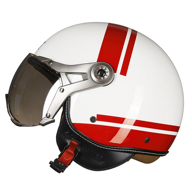 GXT Electric Vehicle Half Cover Helmet Four Seasons Retro Helmet, Size: XL(Painted White Red Stripes)