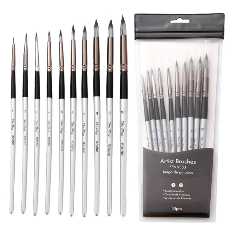10 In 1 Nylon Hair Watercolor Paint Brush Set Wooden Handle Round Pointed Acrylic Painting Pens(Silver Black) - Art Supplies by PMC TechLife | Online Shopping South Africa | PMC TechLife | Buy Now Pay Later Mobicred
