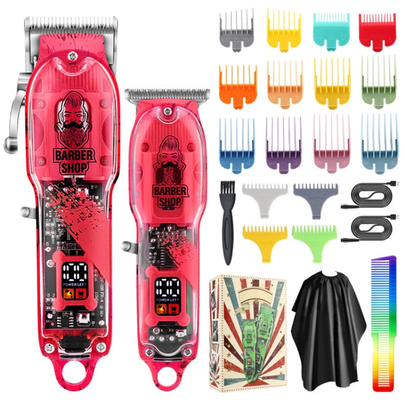 Haircutter Set Transparent Body Oil Head Electric Hair Clipper Men Home Electric Pusher(Earl Red)