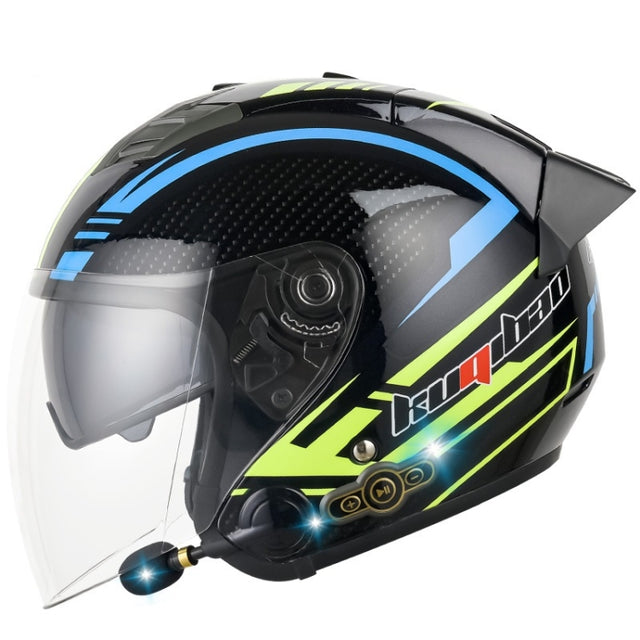 KUQIBAO Motorcycle Smart Bluetooth Sun Protection Double Lens Safety Helmet, Size: L(Bright Black Phantom Fiber+Black Tail)