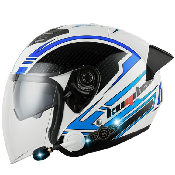 KUQIBAO Motorcycle Smart Bluetooth Sun Protection Double Lens Safety Helmet, Size: L(White Phantom Fiber+Black Tail)