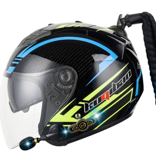 KUQIBAO Motorcycle Bluetooth Headset Double Lens Helmet With Braid, Size: XXL(Bright Black Phantom Fiber)