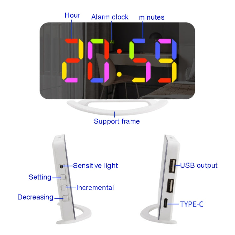 TS-8201 LED Digital Mirror Alarm Clock Big Screen Dual USB Desktop Table Clock, Color: White Shell White Light - Alarm Clocks by PMc TechLife | Online Shopping South Africa | PMc TechLife | Buy Now Pay Later Mobicred