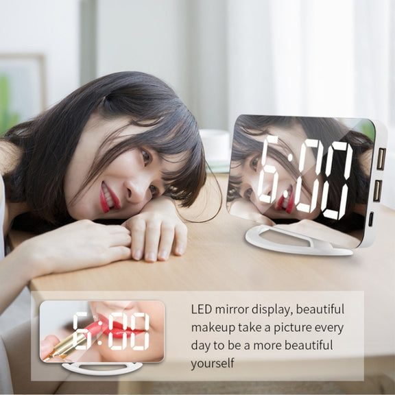 TS-8201 LED Digital Mirror Alarm Clock Big Screen Dual USB Desktop Table Clock, Color: White Shell Red Light