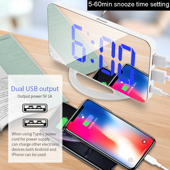 TS-8201 LED Digital Mirror Alarm Clock Big Screen Dual USB Desktop Table Clock, Color: White Shell White Light