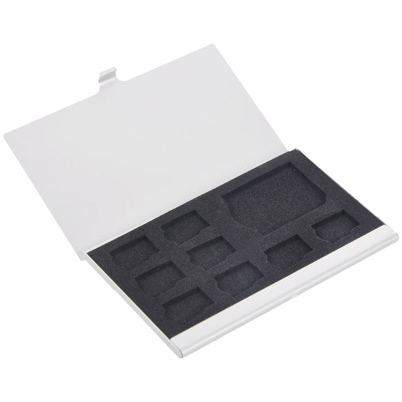 1SD+ 8TF  Aluminum Micro SD Cards Holder Pin Storage Box 9 solts for SD/ SIM/TF Memory Card(Silver)