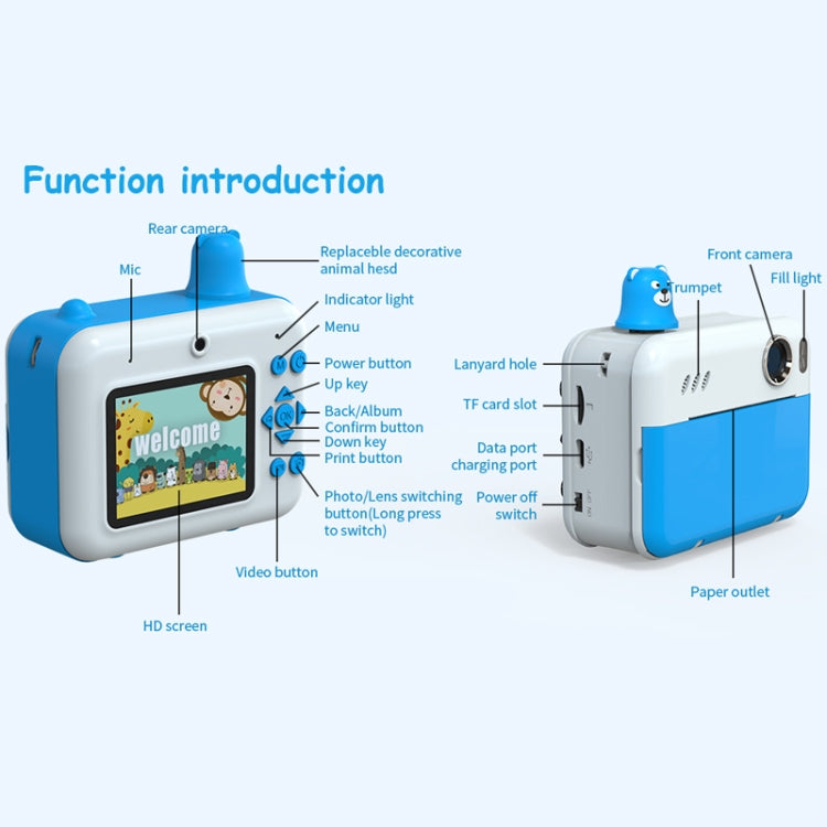 IPS 2.36 inch LED HD Display 1080P Childrens Camera Thermal Printing Instant Camera(Sky Blue)