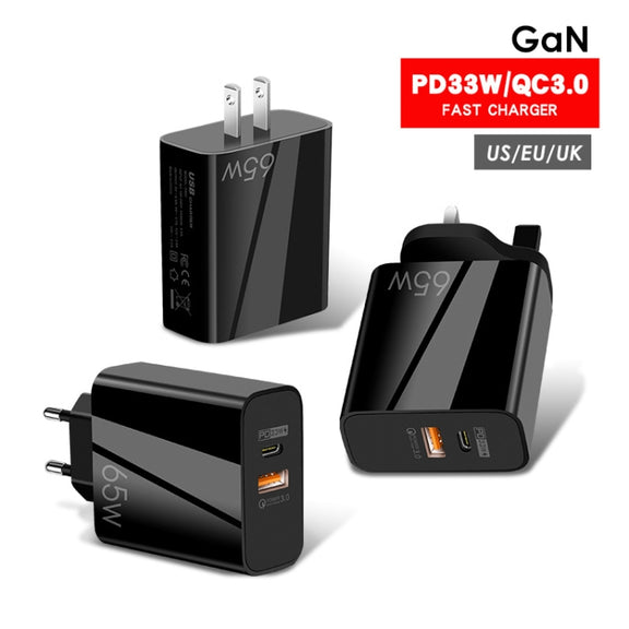 A502 65W USB-C/Type-C+USB Dual Port GaN Charger QC3.0 Laptop Universal Charger US Plug Black