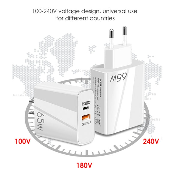 A502 65W USB-C/Type-C+USB Dual Port GaN Charger QC3.0 Laptop Universal Charger US Plug White