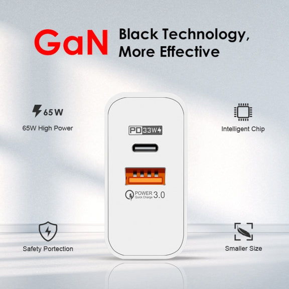 A502 65W USB-C/Type-C+USB Dual Port GaN Charger QC3.0 Laptop Universal Charger EU Plug Black