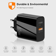 A502 65W USB-C/Type-C+USB Dual Port GaN Charger QC3.0 Laptop Universal Charger US Plug White
