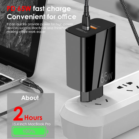 A502 65W USB-C/Type-C+USB Dual Port GaN Charger QC3.0 Laptop Universal Charger US Plug Black