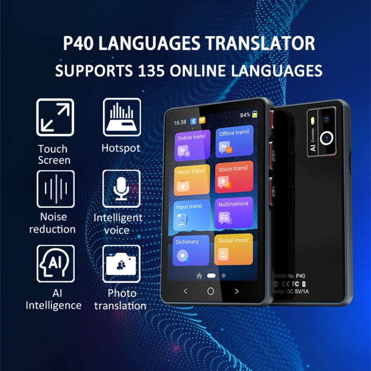 P40 Multi-country Smart Translator Simultaneous Interpretation Photo Offline Translation Recording to Translation(Black)