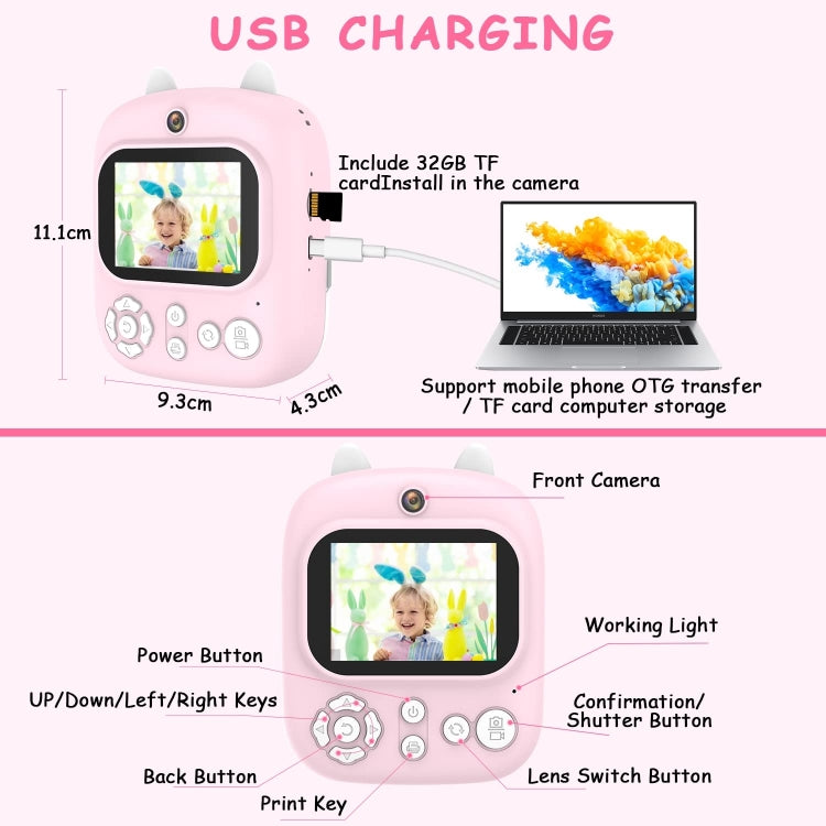 1200W Pixel  2.4 Inch Display Children Print Instant Camera 32G+Card Reader Purple