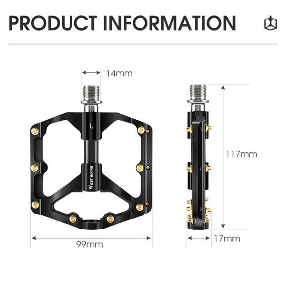 WEST BIKING 3 Bearings Ultralight Carbon Fiber Bushing Mountain Bike Pedal(Red)