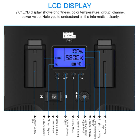 Pixel P50 Dual Color Temperature Flat Panel Fill Light 45W Soft Outdoor Shooting Fill Light For Straight Photography(Lamp+US Plug Adapter)