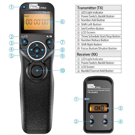 For Sony S2 Pixel TW283 Shutter Wireless Delay Remote Control SLR Shutter Flasher