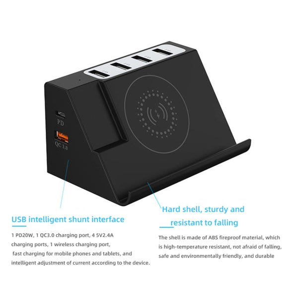 PD 20W +QC 3.0 Wireless Charging+6 Ports Multi-function Charger(UK Plug)