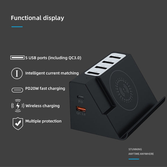 PD 20W +QC 3.0 Wireless Charging+6 Ports Multi-function Charger(US Plug)