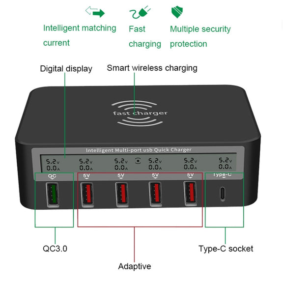 818F 5 USB Ports + Type-C Multifunctional Multi-Port Wireless Charger, Style: UK Plug (Black)