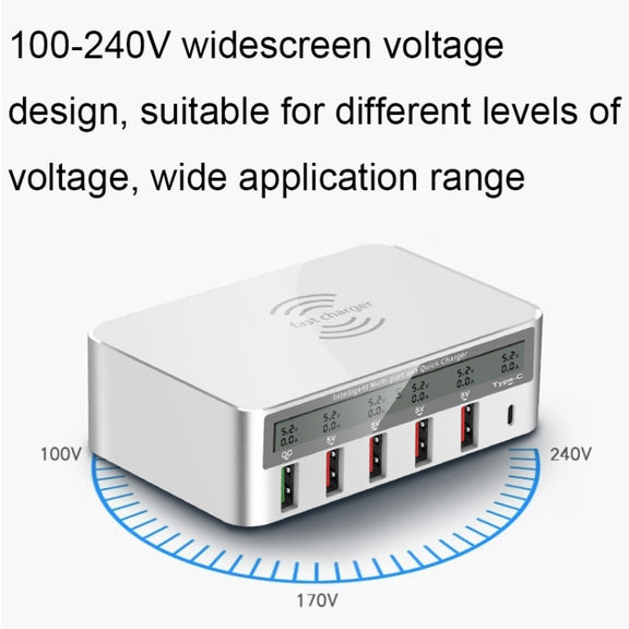 818F 5 USB Ports + Type-C Multifunctional Multi-Port Wireless Charger, Style: EU Plug (Black)
